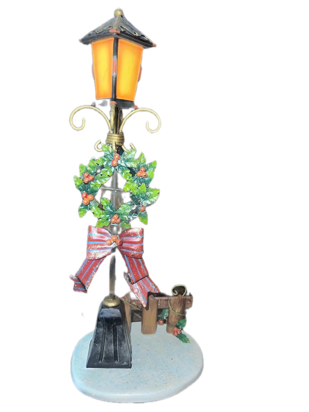 Festive Lamppost Wreath Ornament with Red Bow and Green Wreath